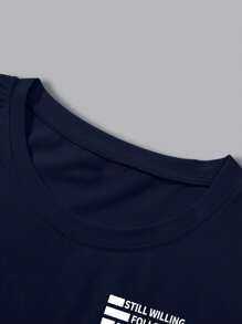 Manfinity Homme Men's Casual Outfit Including Navy Blue Short Sleeve T-Shirt With "Still Willing To Follow Freedom" Graphic Print, Paired With White Sports Shorts. Fashionable And Elegant, Also Makes A Great Gift For Boyfriend. Men's Shorts Set, Plus Size Men's 2-Piece Outfit, Travel Set.