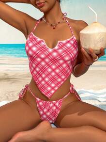Swim Mod 2 piezas Top de bikini con estampado aleatorio a cuadros, tipo halter y espalda descubierta, lindo y sexy, apto para vacaciones y festivales de música - Rosa - Ver 4