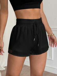 Easithlete Quần short thể thao cạp cao màu trơn, quần short chạy bộ mùa hè cho nữ, quần áo tập luyện cho nữ, quần áo thể thao nữ, quần short tập luyện, quần short thể thao nữ, quần short phối lưới, quần short thể thao màu đen, quần short cạp cao màu đen, quần short tập gym màu đen. - màu đen - Xem 4