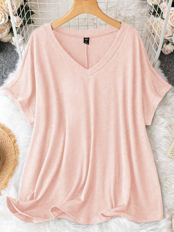 SHEIN CURVE+ Plus Size Knit Casual Minimalist V-Neck Loose Fit Long Sleeve T-Shirt Dress