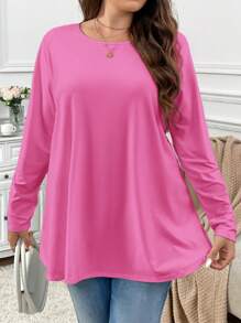 SHEIN Privé Plus Size Elegant Casual Loose Long Sleeve Round Neck Solid Color Basic Undershirts And Outerwear Swing Hem T-Shirt