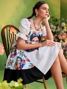 Frida Kahlo X SHEIN X Designer KATHARSIS Vestido mini mujer de verano de silueta de línea A, con mangas de globo, bloqueo gráfico y smocking en la espalda