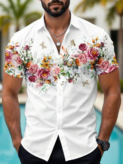 Manfinity LEGND 时尚休闲成熟度假花卉全身数码印花图案修身常规肩男士短袖衬衫，适合夏季户外、海滩、城市度假、约会、聚会，情侣必备搭配单品，送给男朋友的绝佳礼物，花卉衬衫男士时尚衬衫，男士漂亮衬衫