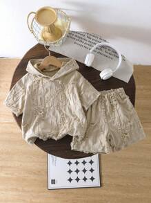 2pcs Toddler Boys Textured Fabric Set, Hooded Tee And Shorts, Distressed Fabric For Street Casual Style, Chest Graphic Print, School, Campus, College - Grey - View 3