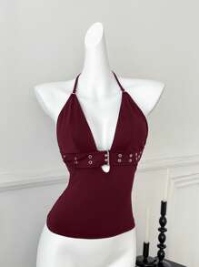 Comfortcana Áo hai dây màu đỏ tía dáng thường ngày mùa hè dành cho nữ - Màu Đỏ Sâu - Xem 5