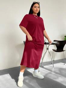 SHEIN EZwear 大码女式休闲纯色落肩宽松T恤连衣裙，夏季 - 酒紅色 - 查看 4