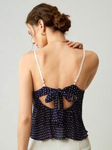 Uhlyne Camiseta de mujer con encaje, elegante Top con estampado de lunares y nudo frontal para uso casual al aire libre, primavera/verano - Azul Marino - Ver 2