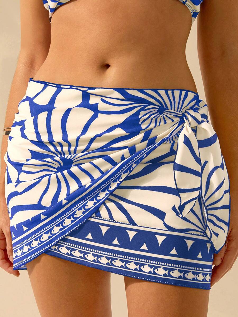 CAJUNI Women's Boho Shell Print Holiday Casual Summer Beach Swimming Wrap Short Swimsuit Skirt Smock - Blue - View 1