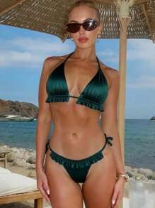 SHEIN Swim 2 件套女士纯色褶皱三角挂脖比基尼套装，荷叶边下摆，优雅精致的泳衣 - 墨綠色 - 查看 1