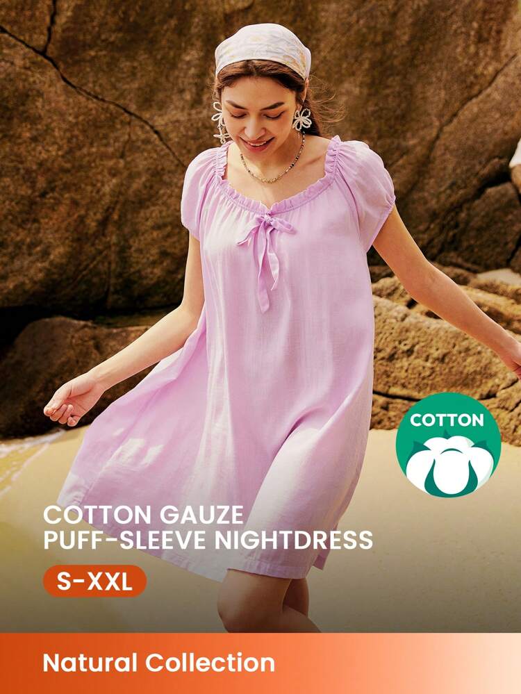 Camisón de algodón y lino con volantes, de estilo isleño, transpirable, de manga corta y holgado, para mujer, como ropa exterior y pijama, para primavera y verano