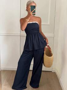 Livesso 2 件套女式撞色装饰抹胸上衣和阔腿裤休闲度假套装，秋季 - 藍色 - 查看 4