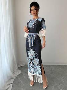 Chiquease Round Neck Slit Hem Side Slit Printed Long Dress For Women - Black - View 5