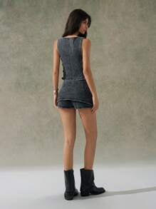 LYSMO 女士牛仔套装无袖圆领上衣和迷你裙，夏季时尚 - 藍色 - 查看 2