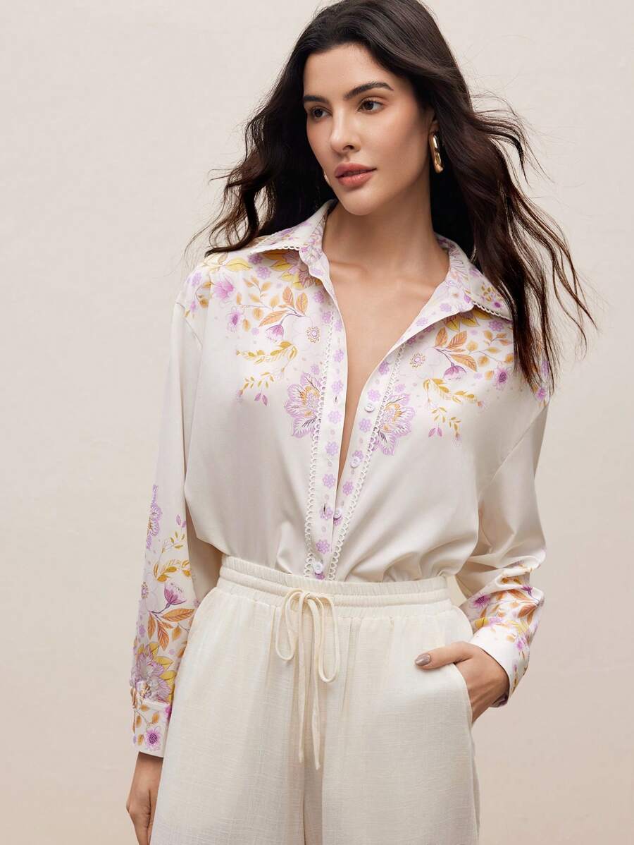 Modelyn Camisa elegante de manga larga con botones al frente y estampado floral para oficina para mujer - Multicolor - Ver 1