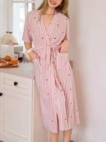 Dream Adore Striped Heart & Bubble Print Long Robe For Women