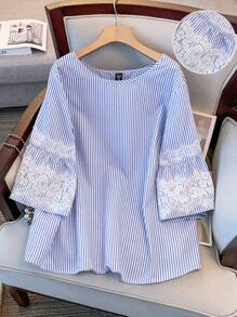 Regalyn Maglietta ampia a righe e stampe per donne di taglia grande, semplice con collo rotondo, con inserti in pizzo, adatta per uscire, vacanze, stile boho estivo