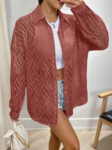 INAWLY Women's Loose Jacquard Casual Solid Color Shirt Fall Cloth For Women - Rust Brown - View 3