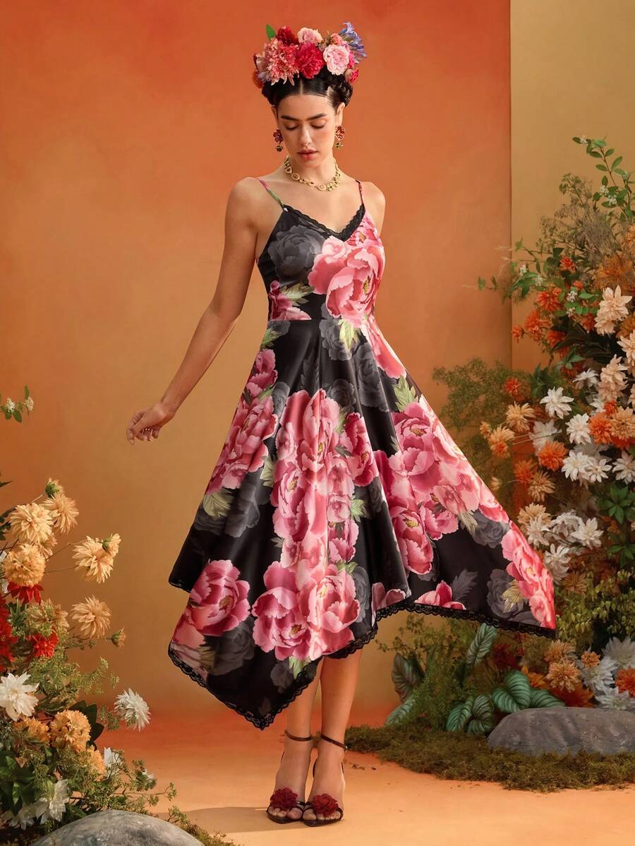 Frida Kahlo X SHEIN X Designer TIYA Floral Printed Satin Lace Inserts Asymmetric Hem Midi Dress Women Summer Dress Vacation Outfits