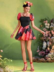 Frida Kahlo X SHEIN X Designer The Perfect Party Vestido mini lindo de manga corta abullonada con estampado floral para mujer, atuendo de vacaciones de verano