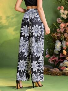 Frida Kahlo X SHEIN X Designer Oxana Black Floral Print Elastic Waistband Wide Leg Pants For Women Summer Vacation Holiday