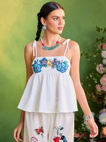 Frida Kahlo X SHEIN X Designer Oxana Summer Vacation Holiday Floral Print Knot Shoulder Babydoll Cami Top