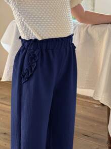 LMoss Kids LMoss年轻女孩阔腿宽松休闲纯色裤，适合春夏季 - 藍色 - 查看 5