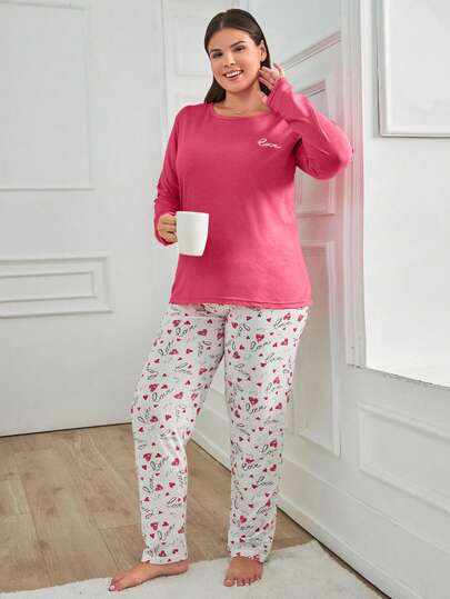 EURMUSE Cotton 2Pcs Plus Size Heart Printed PJ Set