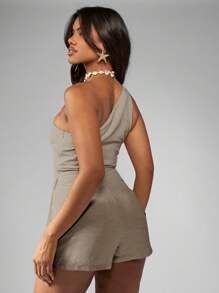 MISSGUIDED Mono de lino de un hombro, vestimenta de resort de verano, fiesta de noche, mono corto con cintura ajustada - Caqui - Ver 2