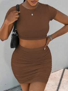 Zolique 2 件套女士夏季简约纯色修身短款 T 恤和褶皱迷你裙 - 巧克力棕 - 查看 5