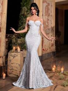 Glamrae Đầm ren trễ vai sang trọng lãng mạn thanh lịch với dây ngọc trai giả, cổ áo hình trái tim, eo xương cá, đính đá giả, xẻ tà, gấu váy đuôi cá dài, thích hợp cho kỳ nghỉ, tuần trăng mật, đám cưới, váy cưới - trắng - Xem 1