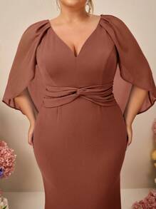 SHEIN Belle Vestido largo de dama de honor de tela de gasa con volantes, cuello en V y borde de cola de sirena, elegante y romántico, talla grande