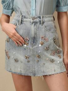 Anewsta Chân váy bút chì đính đá túi thời trang hiện đại thanh lịch dành cho nữ màu xanh - Rửa nhẹ - Xem 3