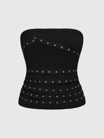 Grunge Punk Plus Size Women Black Rivet, Rhinestone & Ribbon Decorated Concert, Music Festival, Vacation, Graduation Blouse