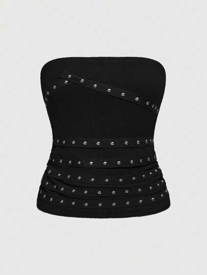 Grunge Punk Blusa extra grande para mujer con remaches negros, decorada con cristales y cinta para conciertos, festivales de música, vacaciones, graduación