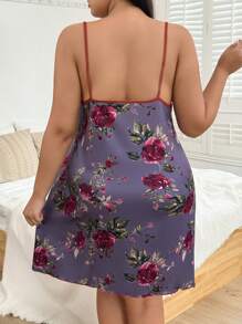 SHEIN 加大码花卉印花优雅性感吊带睡衣，夏季 - 淺灰紫 - View 2