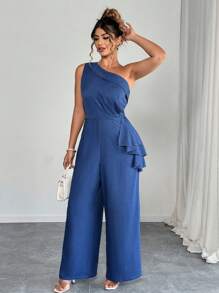 Elenzga Plus Size Women Spring/Summer Elegant Dignified Ruffle Hem Oblique Shoulder Collar Wide Leg Long Jumpsuit - Blue - View 7
