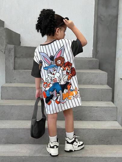 年轻女孩针织可爱动物图案条纹宽松休闲连衣裙