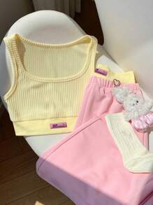 Comfortcana 2pcs/Set Women Summer Vacation Outfit: Letter Print Tank Top & Contrast Splicing Long Pants, Butter Yellow And Pink