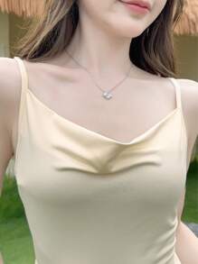 女式 2025 纯色垂坠领优雅荷叶边细节长款吊带裙 - 杏色 - 查看 6