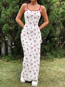 SHEIN EZwear 休闲简约樱桃印花全长紧身吊带裙，适合夏季度假 - 彩色 - 查看 3