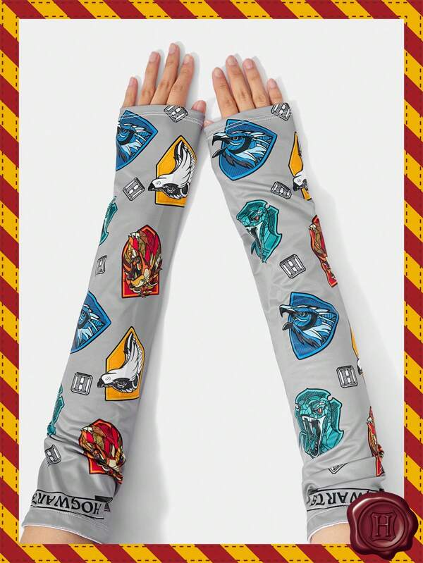 HARRY POTTER X SHEIN 1 par de mangas de brazo de seda de hielo con estampado de dibujos animados para mujeres, de moda para el verano