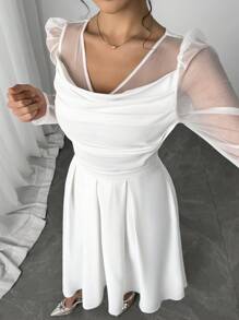 Firerie 女士新款优雅水钻雪纺长袖喇叭领连衣裙、白色连衣裙、节日连衣裙、沙滩裙、休闲日常装/骄傲装女士/假期装女士/生日装/女士教师装 - 白色 - 查看 8