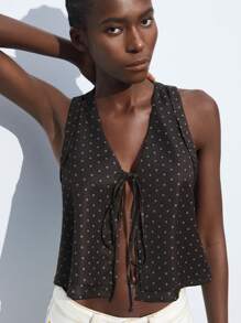 Maija Women's All-Over Print V-Neck Knotted Front Casual Versatile Tank Top, Summer - Brown - View 2