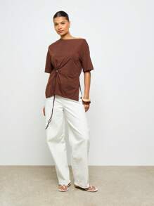 AiiRZ Drawstring Side Ruched T-Shirt Asymmetric Hem Casual Draped Design Fall Winter Essential Basic Top