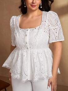 Chikora Blusa romántica elegante de encaje en la cintura para mujer de talla grande