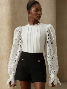 Aveloria Rosie Elegant Feminine Chic French Style Romantic Date Fancy Lace Patchwork Ruffled Round Neck Women's Shirt, Luxurious Premium Design, Puff Sleeve Fall Cloth For Women - White - View 5