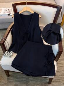Regalyn 2pcs Set: Plus Size Women Summer Solid Color Tie Front Sleeveless Crop Top And Skort