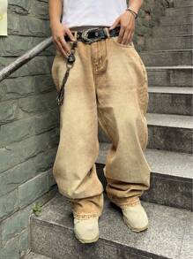 Manfinity EMRG Men's Long Khaki Denim Stacked Wide Leg Jeans Avant-Garde Street Style With Chain Accent