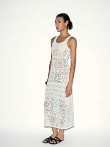 Lumivelle 女士优雅纯色针织镂空细肩带方领中长款毛衣连衣裙 - 白色 - 查看 3