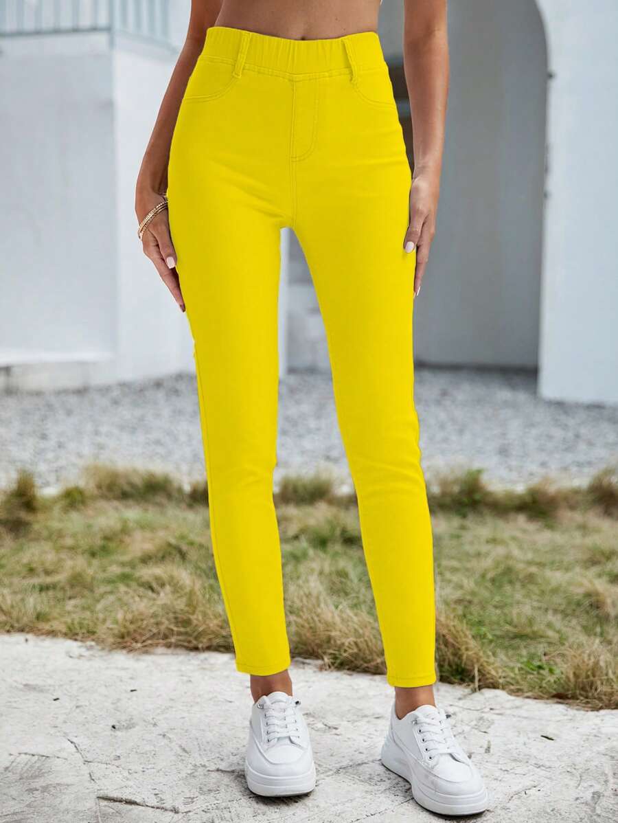 EMERY ROSE Solid Color Elastic Waist Pockets Summer Casual Skinny Jeans - Yellow - View 1